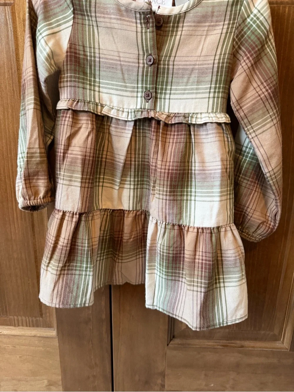 The Children's Place Girls Green Plaid Flannel Tiered Ruffle Shirt Dress, Sz 2T